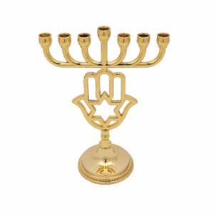 Menora mit Schützender Hamsa in der Mitte, 7 Arme, 16 x 13 cm. Aus Israel.