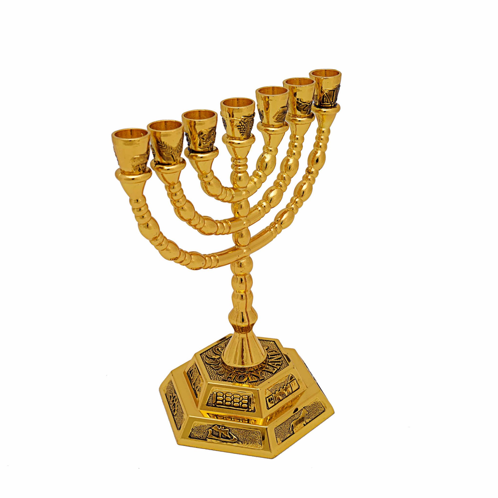 Menora 12 Stämme Israel aus Messing in Gold, 7 Armen. Höhe