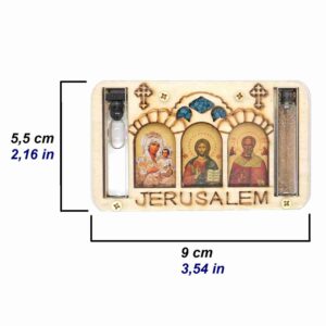 Ikonenmagnet mit drei Heiligen, mit Heiligen Erde und Wasser aus Jerusalem