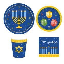 Happy Hanukkah Einweggeschirr für EIN festliches Chanukkafest, je 8 Stück enthält: 22,9 cm Essteller, 17,8 cm Dessertteller, 16,5 cm Lunch-Servietten und 256 ml Pappbecher